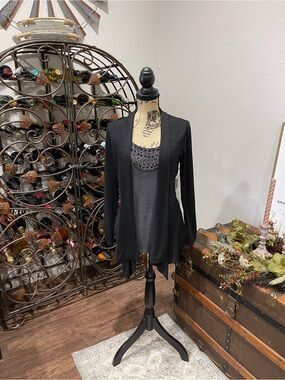 AB Studio Black Layered Open-Front Blouse with Beaded Neckline